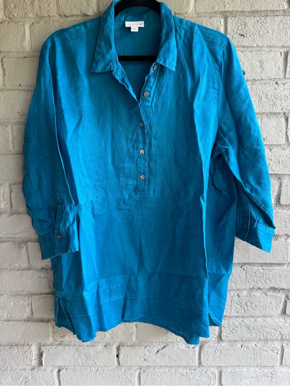 Love Linen J. Jill Turquoise 5 Button Shirt EUC Sz L 3/4 button cuff sleeves